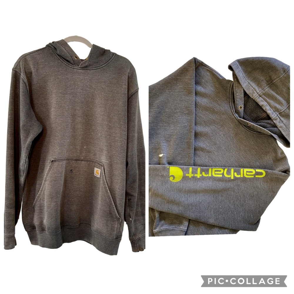 Carhartt Men's Charcoal Hoodie with Neon Spell Out Distressed Grunge Medium